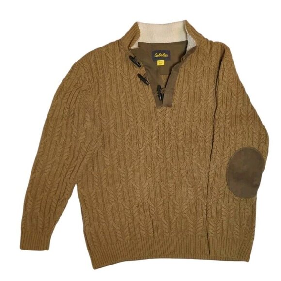 Cabela's Mens XL Cable Fisherman Knit Sweater Toggle Buttons Elbow‎ Patchs Heavy - Picture 4 of 11